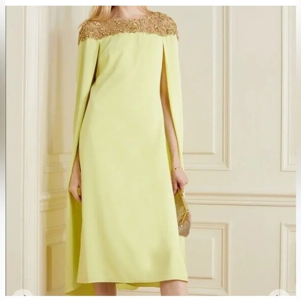 Marchesa Notte Yellow cape dress midi Gold Embellishments tulle evening $1700 4
